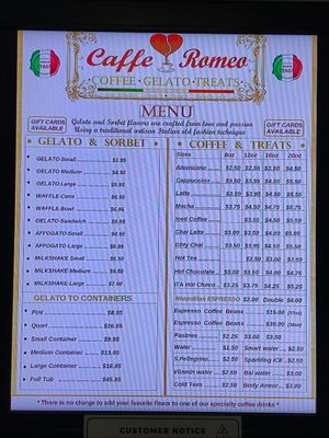 menu at Caffe Romeo in Charleston