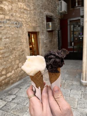 Lemon (left) dark chocolate (right) in vegan/GF cone (available upon request)  at Aroma in Split