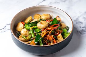 Stir Fried Plant-Based Fish Ball with Chili and Herbs at Baanying's Plant-Based Ying's Garden  in Bangkok