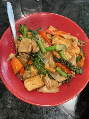 Stir-Fried Flat Noodles with Basil and Tofu (Pad Kee Mao) - noodles were fresh and delicious.   at Baanying's Plant-Based Ying's Garden  in Bangkok
