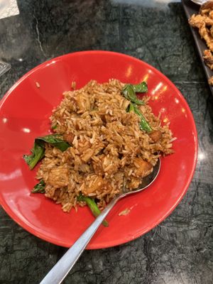 Fried Rice w/Chinese Broccoli, Plant-Based Pork Belly, and Black Soy Sauce  at Baanying's Plant-Based Ying's Garden  in Bangkok