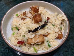 Sticky rice with plant based pork  at Baanying's Plant-Based Ying's Garden  in Bangkok