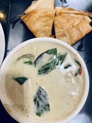 Fried roti and green curry with fish balls   at Baanying's Plant-Based Ying's Garden  in Bangkok