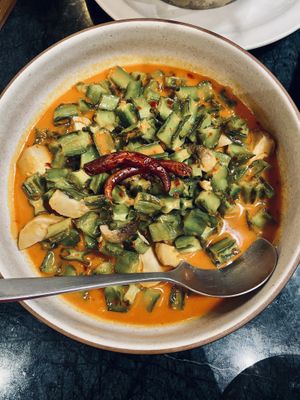 Spicy wing bean salad with mushroom   at Baanying's Plant-Based Ying's Garden  in Bangkok
