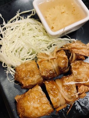 Fried stuffed bean curd rolls   at Baanying's Plant-Based Ying's Garden  in Bangkok