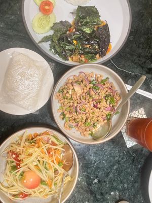 Papaya salad & plant-based minced pork salad set, etc  at Baanying's Plant-Based Ying's Garden  in Bangkok