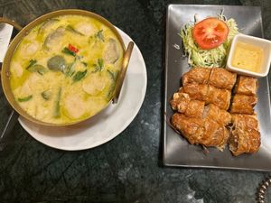 Green curry and bean curd wraps at Baanying's Plant-Based Ying's Garden  in Bangkok