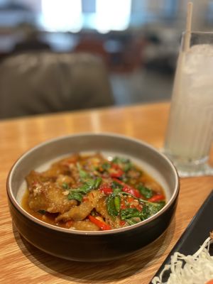 Vegan fish in chili sauce   at Baanying's Plant-Based Ying's Garden  in Bangkok