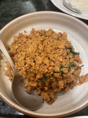 Plant based pork, basil and chillii  at Baanying's Plant-Based Ying's Garden  in Bangkok