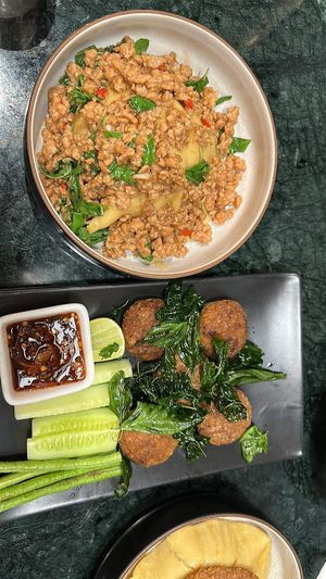 Krapao (stirFried basil) / Larb Tod  at Baanying's Plant-Based Ying's Garden  in Bangkok