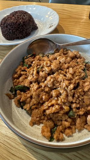 Holy Basil stir fry with Raspberry ricee  #Veganuary at Baanying's Plant-Based Ying's Garden  in Bangkok