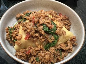 Vegan “omelette"  at Baanying's Plant-Based Ying's Garden  in Bangkok