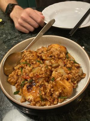 Tofu and minced pork with chili oil   at Baanying's Plant-Based Ying's Garden  in Bangkok