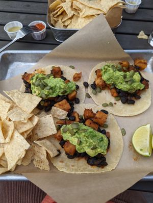 black bean sweet potato tacos with no crema at Rocket Taco in Freeland