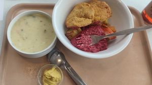 vegan potato cream soup 🍲, lentil cutlet 🫘, beetroot dip and grilled veggies 🥕. The mustard was free! at Mensa Blattwerk in Hamburg