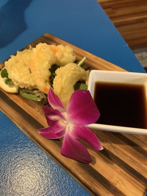 Shrimp Tempura. Edible orchids from HI.  at The Sushi Samurai - Queen Anne in Seattle