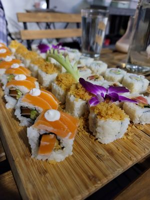 Tangy Salmon, Crunchy Salmon, Spicy Tuna, and California Rolls at The Sushi Samurai - Queen Anne in Seattle