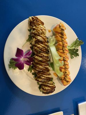 Seattle tempura on left and red dragon on right  at The Sushi Samurai - Queen Anne in Seattle