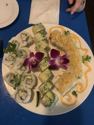 Left to right: California roll, green goddess, salmon cruncy roll   at The Sushi Samurai - Queen Anne in Seattle