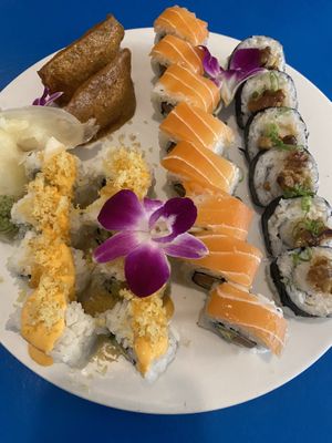 Inari Nigiri, Seattle Roll, Hunny Walnut "Shrimp" Roll, and crunchy "salmon" roll  at The Sushi Samurai - Queen Anne in Seattle