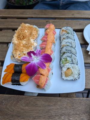 The samurai, red dragon, salmon inari, and tempura shrimp at The Sushi Samurai - Queen Anne in Seattle