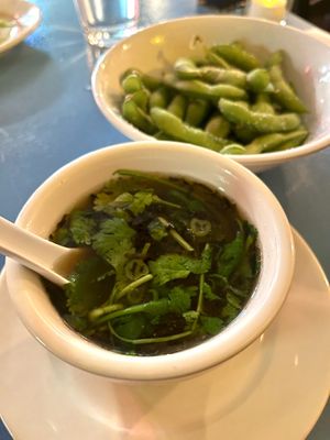 Miso soup (front) and classic edamame (back)   at The Sushi Samurai - Queen Anne in Seattle