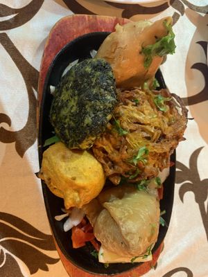 Vegetarian platter - extra samosa substituted for paneer  at Indian Zaffran in Lanzarote
