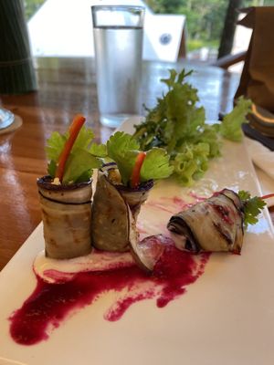 Almost forgot to take a pic of these super yum eggplant rolls!  at Pyramids of Chi Cafe in Gianyar