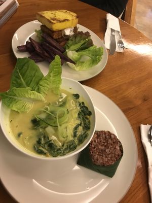 Moringa curry (very simple), tempeh sandwich (sweet potato fries are very dry)  at Pyramids of Chi Cafe in Gianyar