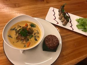 Full moon curry, eggplant rolls  at Pyramids of Chi Cafe in Gianyar