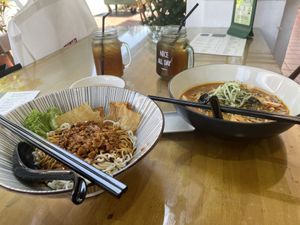 Dan Dan noodles left  at VeganBliss 蔬福 in Central Singapore