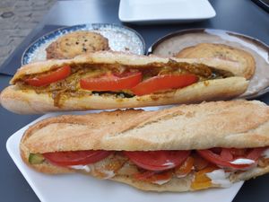 Chikn salad baguette, Curry chikn baguette at Zoi Café in Lyon