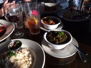spinach dish and eggplant dish with brown rice at Sage Vegetarian Cafe in Chapel Hill