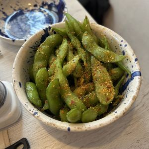 Edamame with garlic oil and chili flakes  at Ramen Otaku in Mallorca