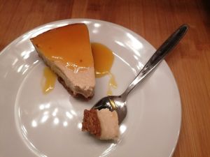 Cheesecake with passion fruit sauce at Copper Branch in Rotterdam