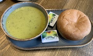 Pea and mint soup with warm vegan roll  at Eden Coffee House in Melrose