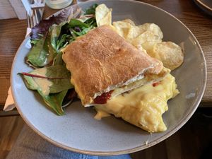 Vegan cheddar and chilli jam ciabatta  at Eden Coffee House in Melrose