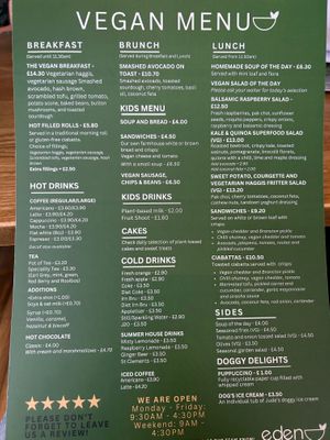 Great looking vegan menu but unfortunately only the kids vegan options were available on a Sunday; the rest of the vegan menu is only available in the week. Lovely little place! at Eden Coffee House in Melrose