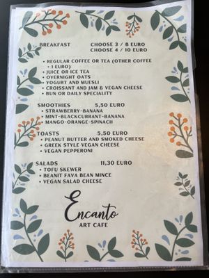 Breakfast menu. Oatly or soya milk  at Encanto - Art Cafe in Helsinki