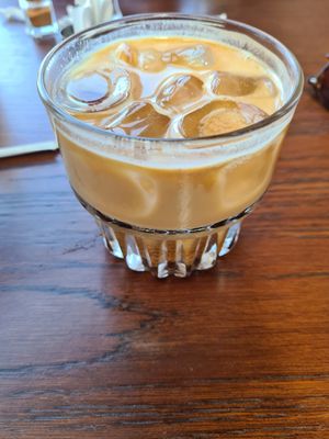 Ice latte with almond milk at Sailing Club Sea Lounge in Crete
