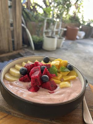 strawberry smoothie bowl (no granola) so so goodd  at Vegan Meals in Chiang Mai