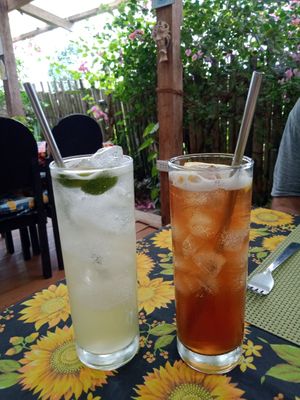 Calamansi juice and house iced tea (sweet and unique flavours) at Lekker Garden in Panglao
