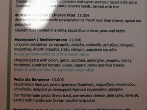 Pasta option (love how they tell you how to veganise it!) at Seaside Restaurant Bar in Naxos