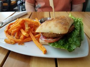 Black bean burger with sweet potato fries at LYFE Kitchen in Palo Alto