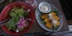 Greek salat and chicken nuggets with mayo #Veganuary at 11:11 Bistro Bar Healthy Food in Gran Canaria
