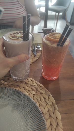 Smoothies, left with coconut yogurt, right with apple and strawberry at 11:11 Bistro Bar Healthy Food in Gran Canaria