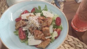 No-Chicken and parmesan salad (please try the No-Chicken) at 11:11 Bistro Bar Healthy Food in Gran Canaria