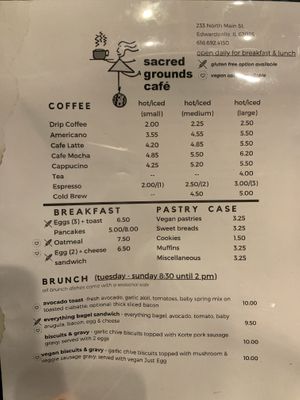 Everything with a heart shape next to it can be made vegan.  at Sacred Grounds Cafe in Edwardsville