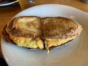 Delicious vegan egg and cheese breakfast sandwich   at Sacred Grounds Cafe in Edwardsville