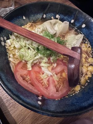 Tomato 🍅 basil dumpling ramen   at Iimori Ramen in Berlin